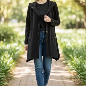 Christian Siriano Black Hooded Button-Front Coat with Patch Pockets